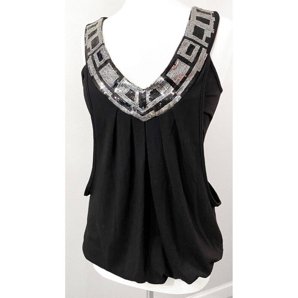 Studio Y Women's Silver Sequined Black Top with Large Front Pocket, Size S